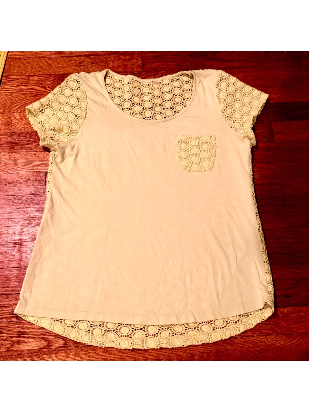 Mint Green Knit Top with Crocheted Detailing and Full Crocheted Back
